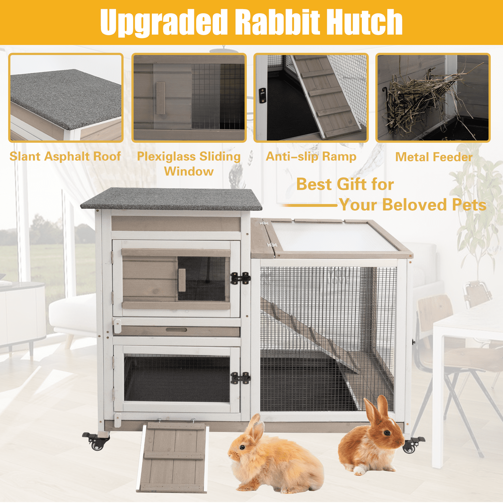 Gowoodhut Rabbit Hutch Indoor Large 2-Story Outdoor Wooden Bunny Hutch with Run on Wheels, Gray