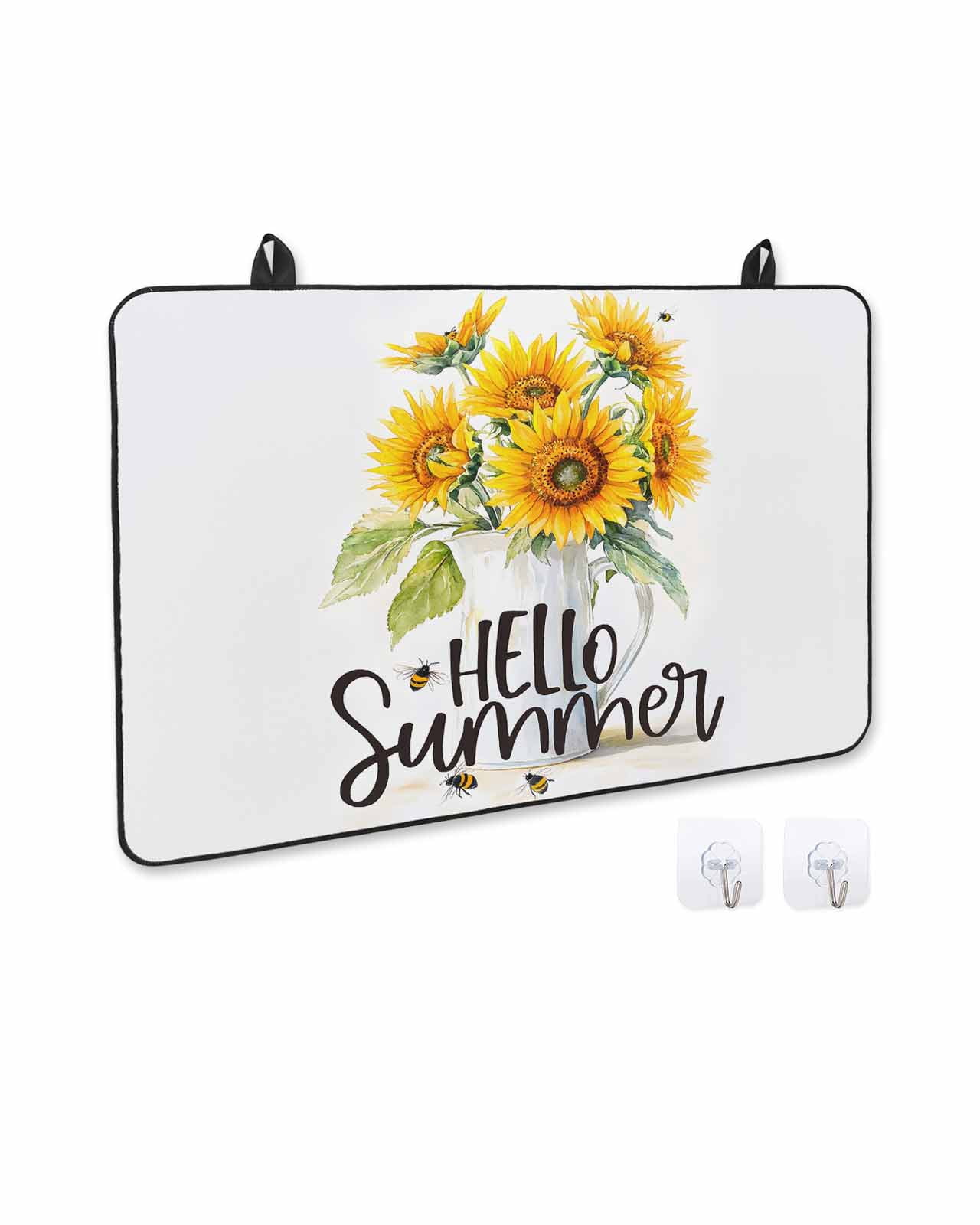 nqOlkjepod Large Induction Cooktop Protector Mat 31"x24", Summer Sunflower Stove Top Covers for Electric Stove, Watercolor Yellow Floral White Bottle Stove Burner Cover Mats, Glass Top Stove Cover