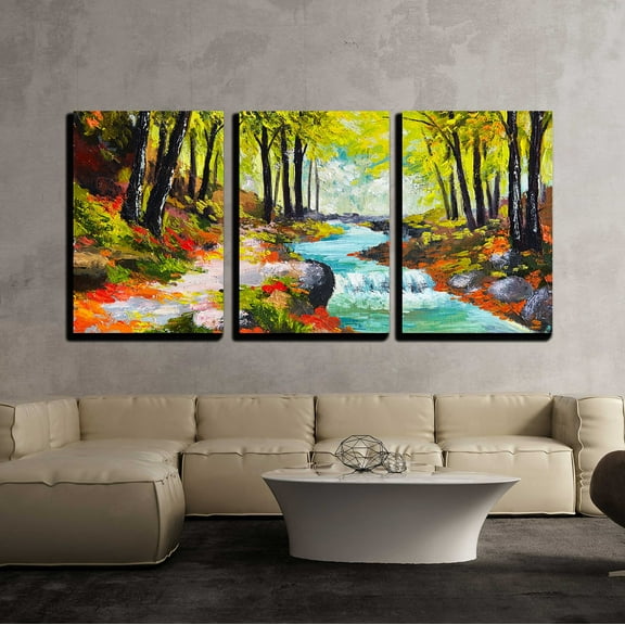 wall26 - 3 Piece Canvas Wall Art - Landscape Oil Painting - River in Autumn Forest - Modern Home Art Stretched and Framed Ready to Hang - 16"x24"x3 Panels