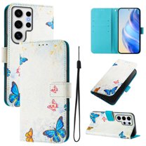 Compatible for Samsung Galaxy S24 Ultra Wallet Case, Painting Pattern Premium PU Leather [Credit Card Holder] [Wrist Strap] Flip Stand Feature Purse Case Full Protective Pattern Cover, Blue Butterfly