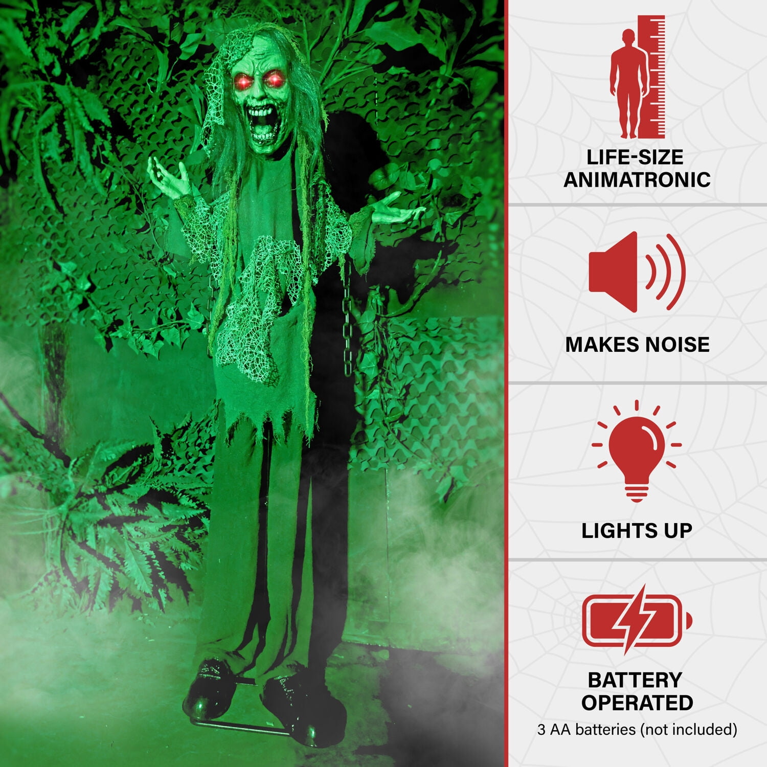 Haunted Hill Farm 5.5 ft Lifesize Animatronic Zombie with Chains with Lights and Sound, Indoor/Covered Outdoor Halloween Decoration, HHZOMB-9FLSA
