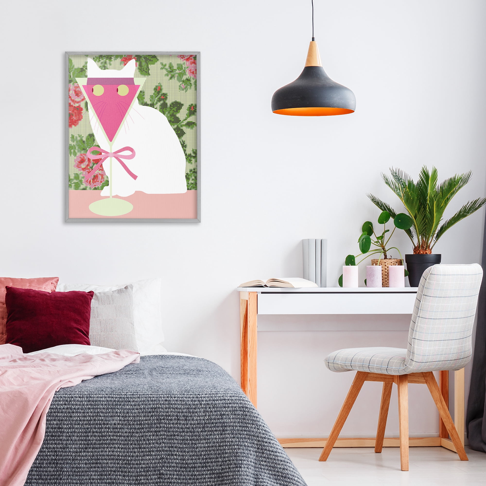 Stupell Industries White Cat with Pink Martini Gray Framed Giclee Art, design by Lil' Rue