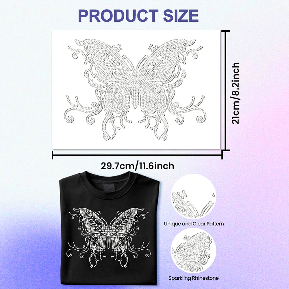 White Rhinestone Iron on Transfer Butterfly Bling Diamond Hotfix Patches for Clothes Large Iron On Sequin Applique for Jeans Jacket Caps