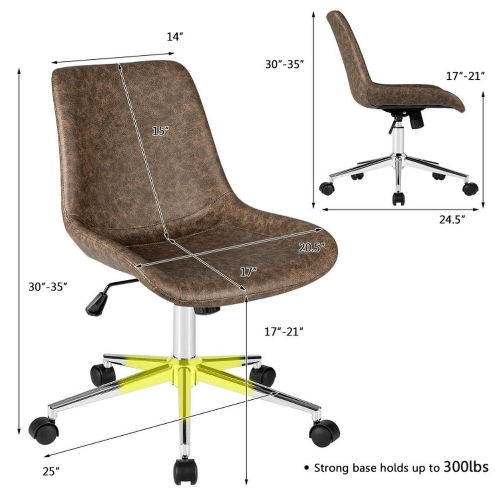 Demi Bonn Leather Armless Adjustable Mid-Back Office Chair for Home, Bedroom, Study, Rolling Work Computer Desk Chair, Brown