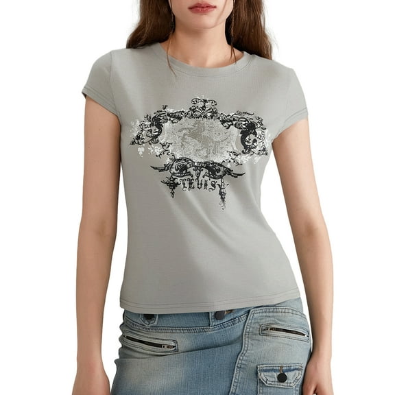 Hirigin Y2k Fairy Crop Tops for Women Cute Graphic Print Baby Tee T-Shirt E Girl Clothing Aesthetic