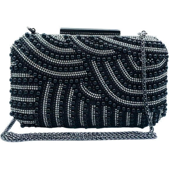 Vintage Women Beaded Evening Bags and Clutches Bridal Pearl Clutch Purse Wedding Party Bride Handbag,Mini,Black