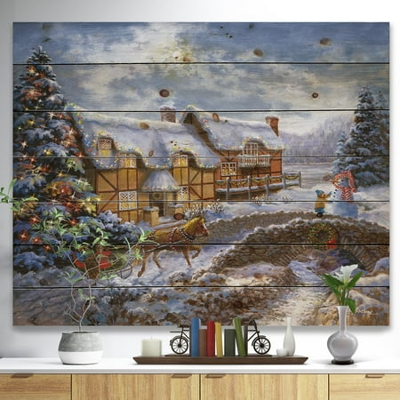 Open Clip Art Christmas DESIGN ART Designart 'Christmas Tree with horse and open sleigh in winter landscape' Print on Natural Pine Wood - Red ()