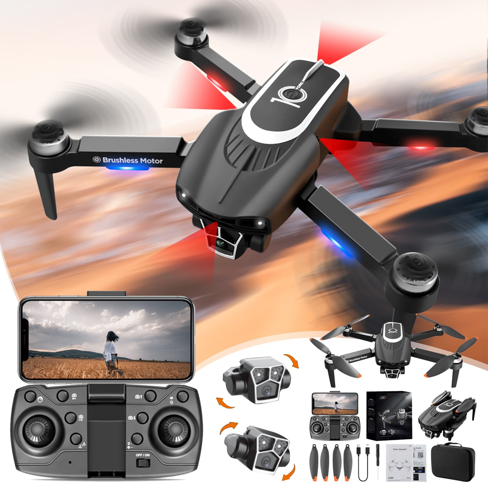 4K Camera Drone with Dual Cameras, Brushless Motors, Long Flight Time, Altitude Hold and Obstacle Avoidance for Beginners, Adults
