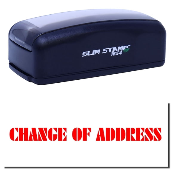 Large Pre-Inked Change Of Address Stamp, Slim 1854, Ultra Slim Design, Impression Size 1-13/16" by 2-1/2", Up to 25,000 Impressions - Red Ink