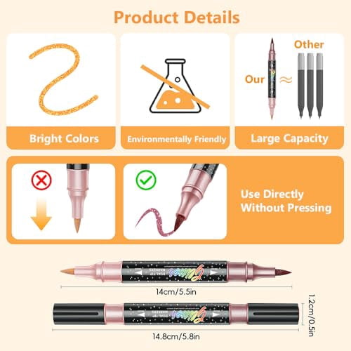 Glitter Effect Brush Markers, Dual-Tip Metallic Shimmer Pen Set, No-Bleed Art Supplies for Adult Coloring Books, Scrapbooking & DIY Crafts