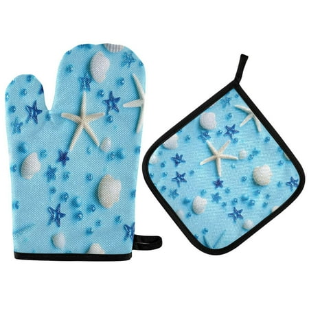 

2pcs kitchen insulation gloves Oven Mitts and Pot Holders Sets Heat Resistant kitchen insulation pad White Seashells and Starfish