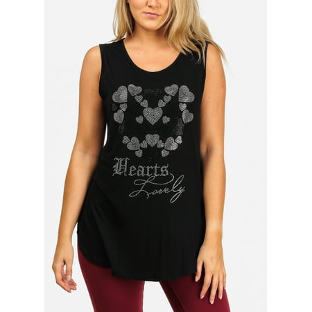 Rhinestone Printed Top - Womens Juniors Women's Junior Casual Super Stretchy Sleeveless Rhinestone Hearts Lovely Print Black Tunic Top 40182R