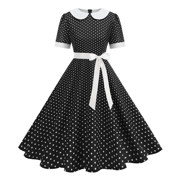 Efsteb Women Elegant Dresses 1950s Polka Dots Vintage Swing Dress Short Sleeve Peter Pan Collar Party Dress with Bow Belt (Black,XXL)