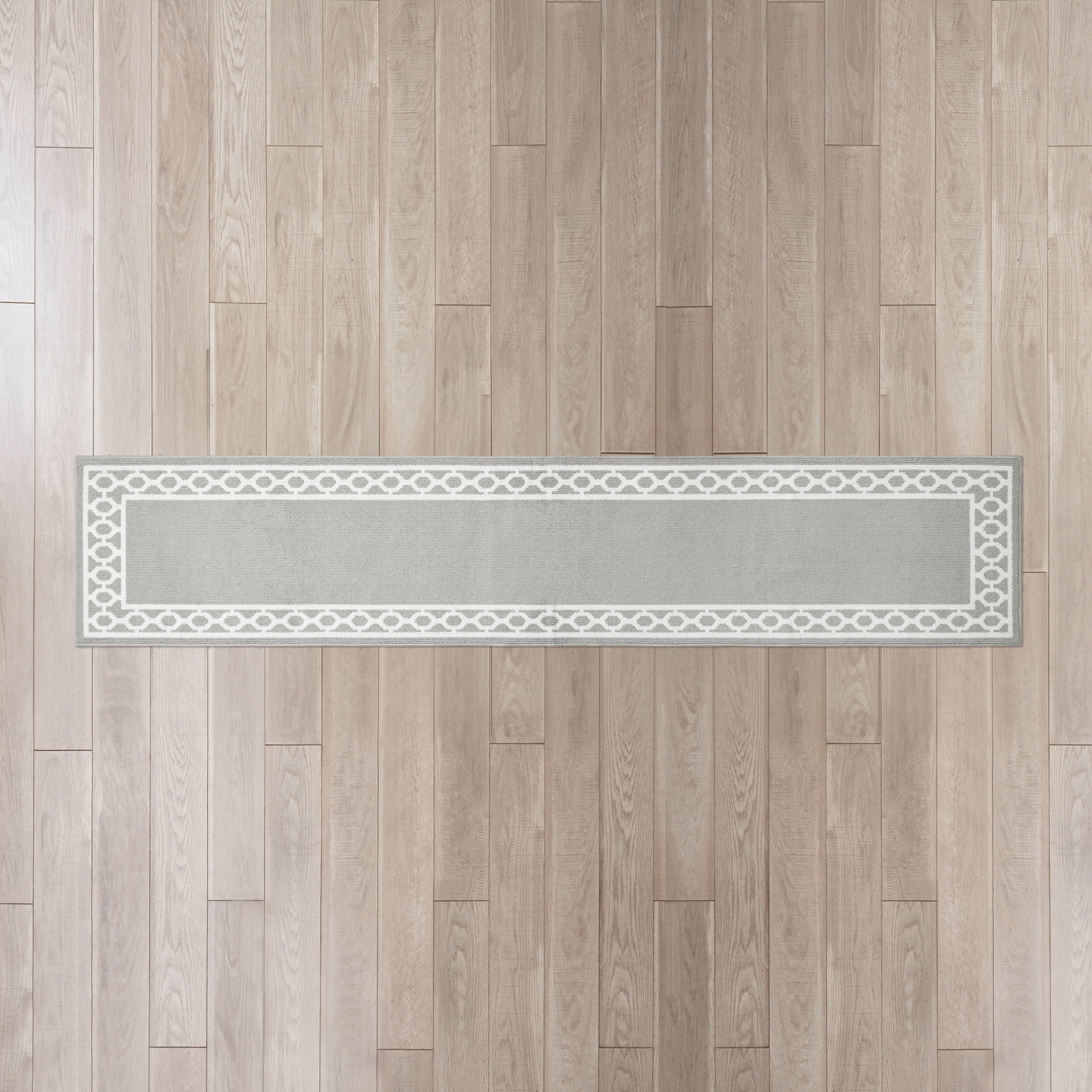 Washable Skid-Resistant Runner Rug, Trellis Border , Light Grey and White , 30" x 144"