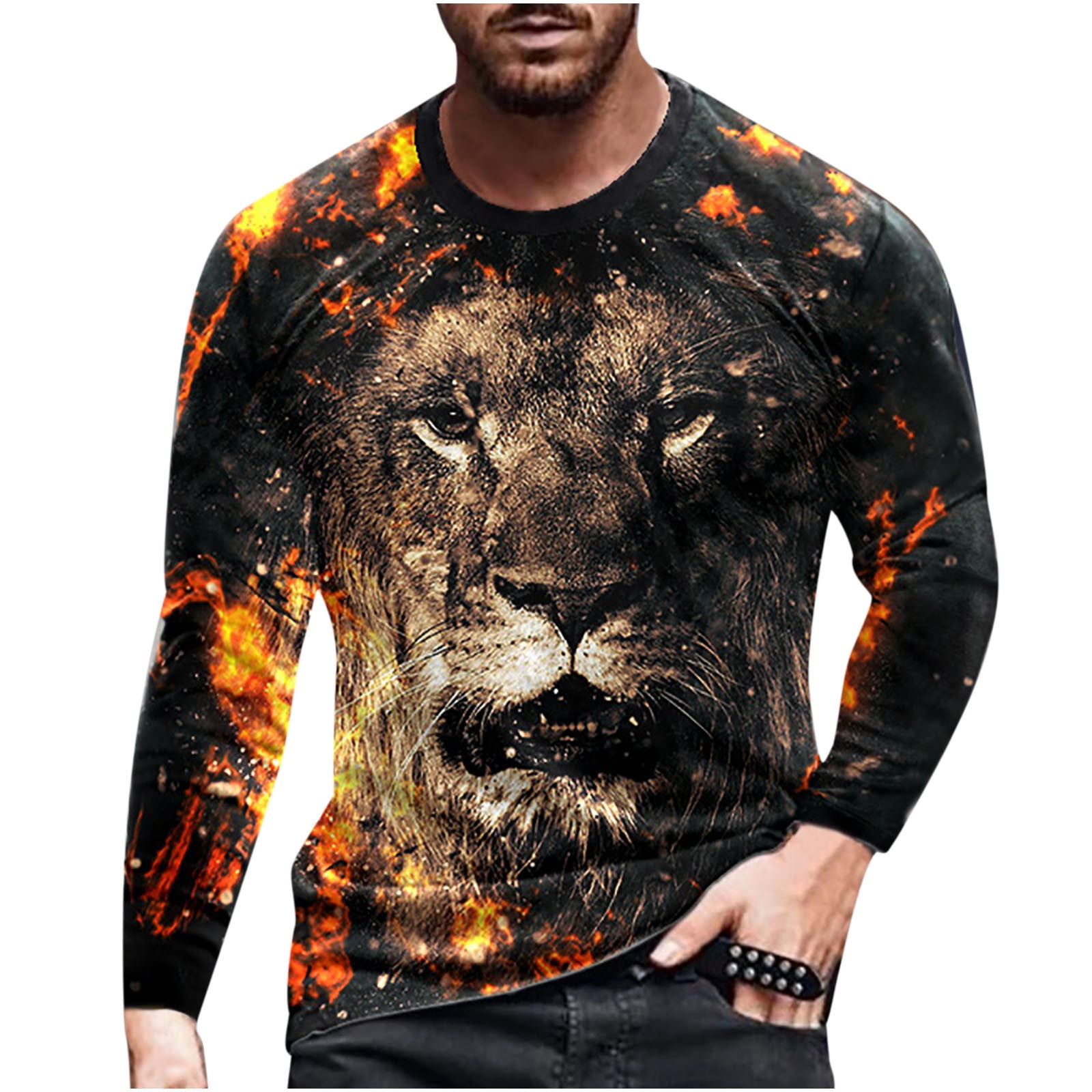 jsaierl Mens Tops Fashion 3D Lion Animal Printed Casual Long Sleeve T ...