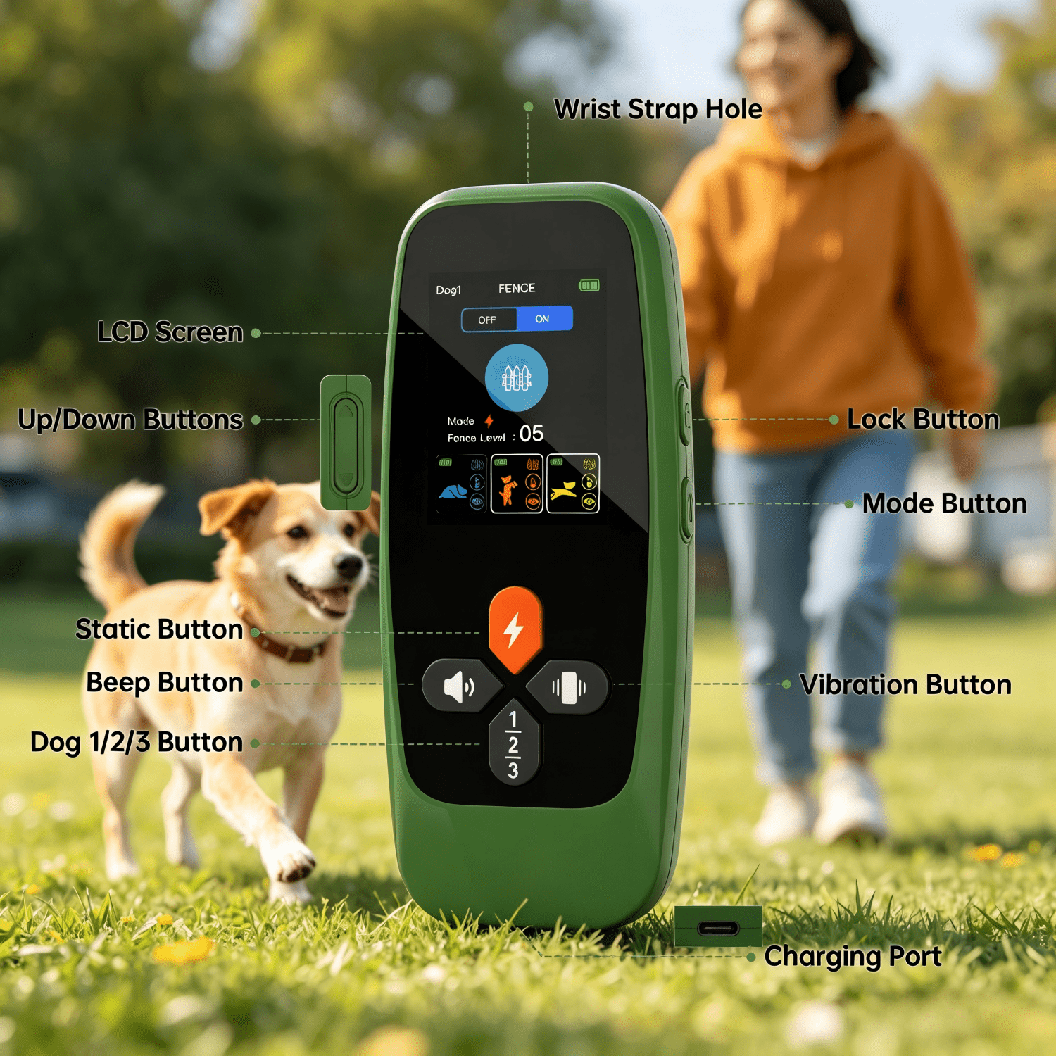Wireless Dog Fence System，4-in-1 Electric Dog Training Collar with Remote, Bark Control, Status Monitor IPX7 Waterproof Electric Fence for Medium Large Dogs Outdoor Use