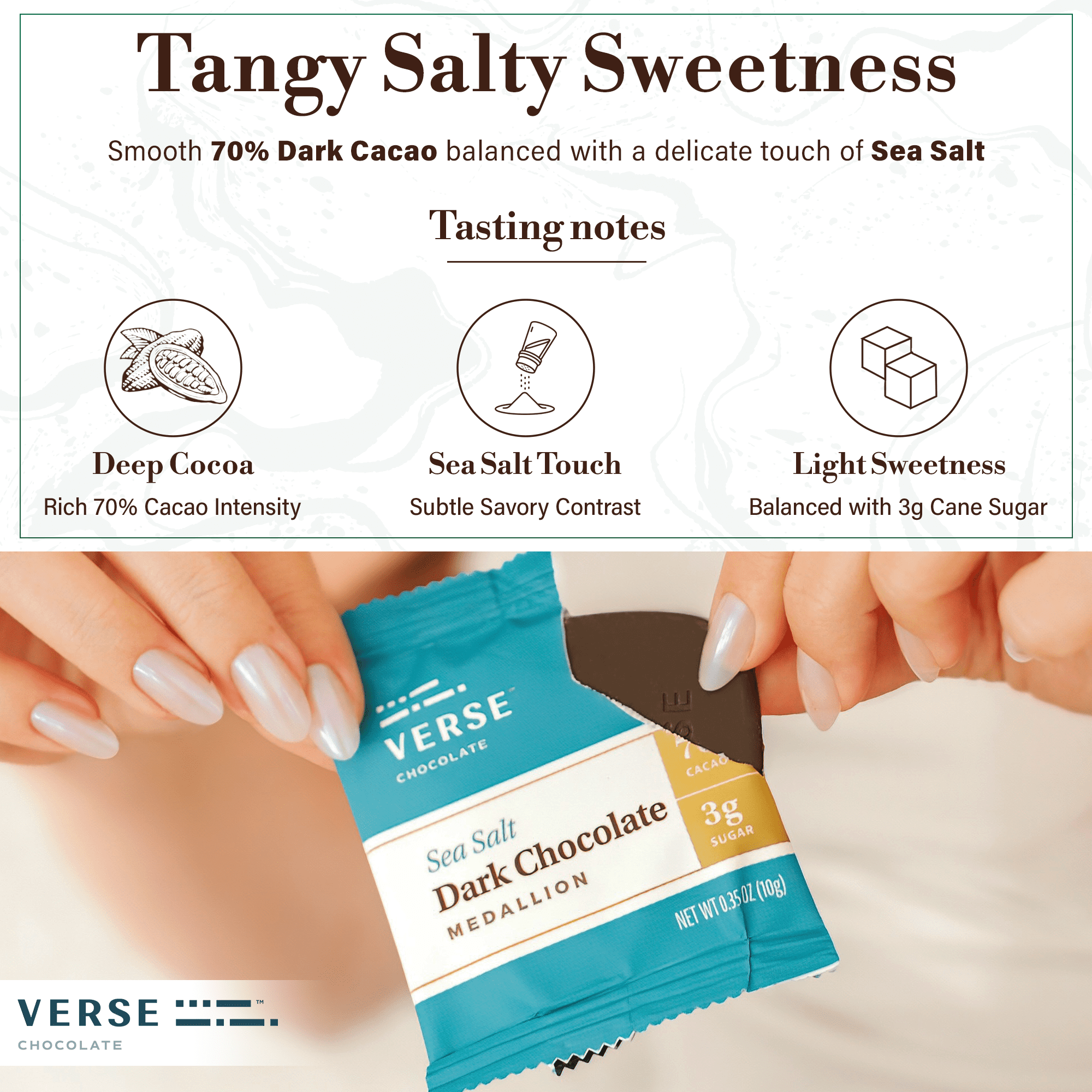 Verse Dark Chocolate Sea Salt Squares - Gluten Free, Keto Low Sugar Snack - Creamy 70% Cocoa Dark Chocolate - Only 3g Cane Sugar - Individually Wrapped Vegan Cacao Fine Chocolates Squares (30 Count)
