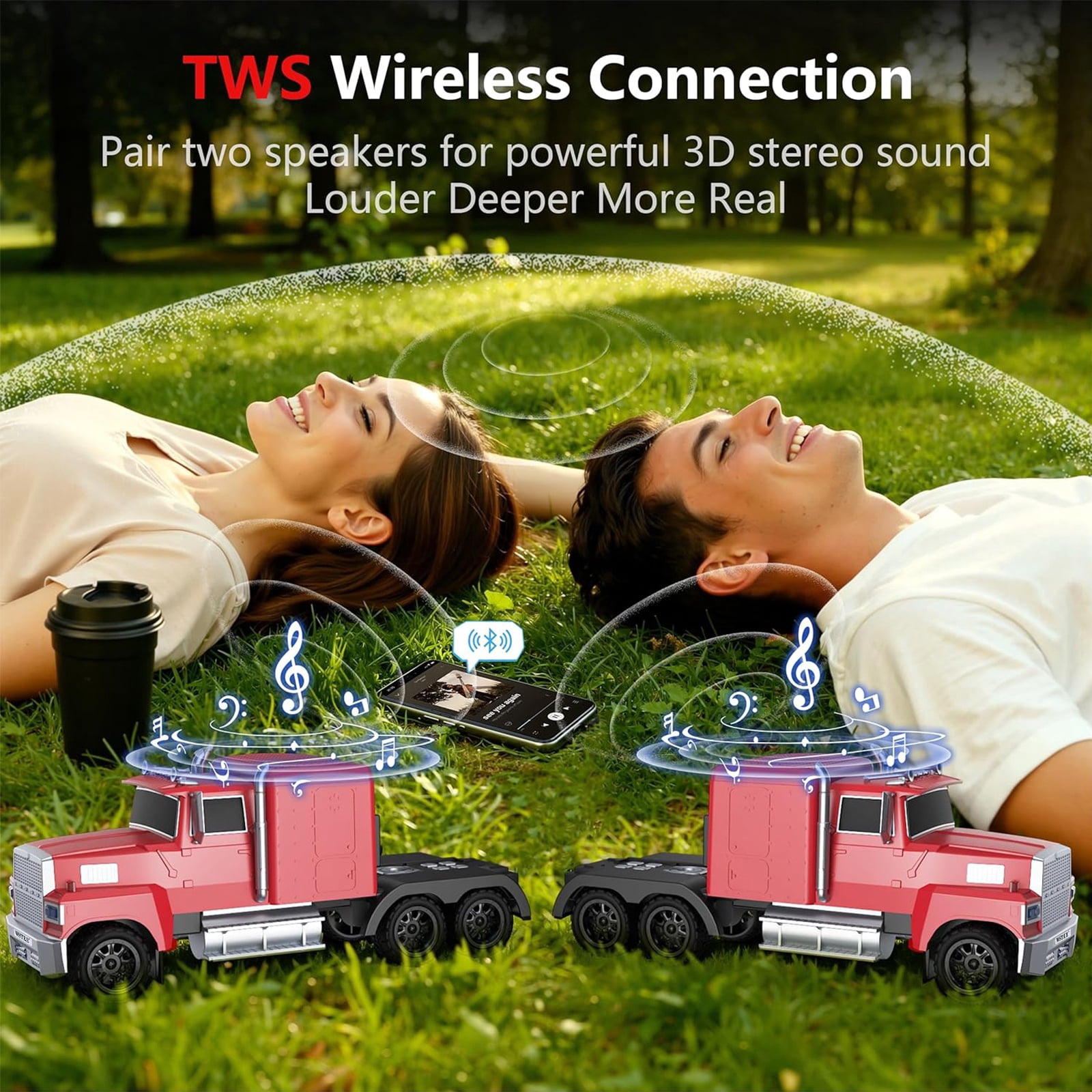 WSTER WS-570 Big Truck Model Bluetooth Speaker with USB TF Card AUX FM Radio TWS Pairing for Home OutdoorBeach Stereo Audio Subwoofers Birthday Gift(Red）