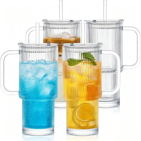 EASHZMFYTBF 4PCS Ribbed Glass Cups with Handles, 24OZ Large Capacity Iced Coffee Mug, Modern Glass Cups Suitable for Cold and Hot Drinks,-Suitable for Ice, Tea and Juice