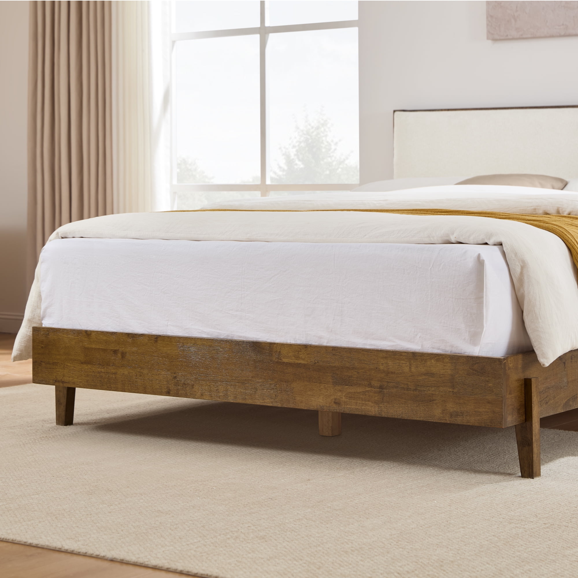 Spruce & Spring Modern Bouclé Platform Bed with Upholstered Headboard & Solid Wood Frame Walnut, Queen