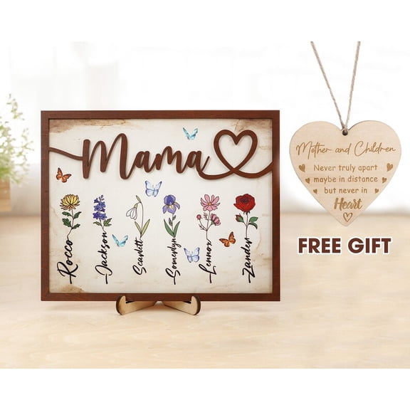 Personalized Mama Birth Flower Sign – Custom Wooden Family Name Frame, Grandma’s Garden Gift, Mother’s Day or Birthday Gift with Free Heart Ornament