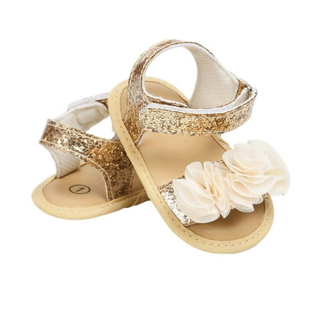 Meresysid Toddler Newborn Kids Infant Summer New Rose Baby Walking Shoes Flat Soft Soled Baby Girls Sandals Gold