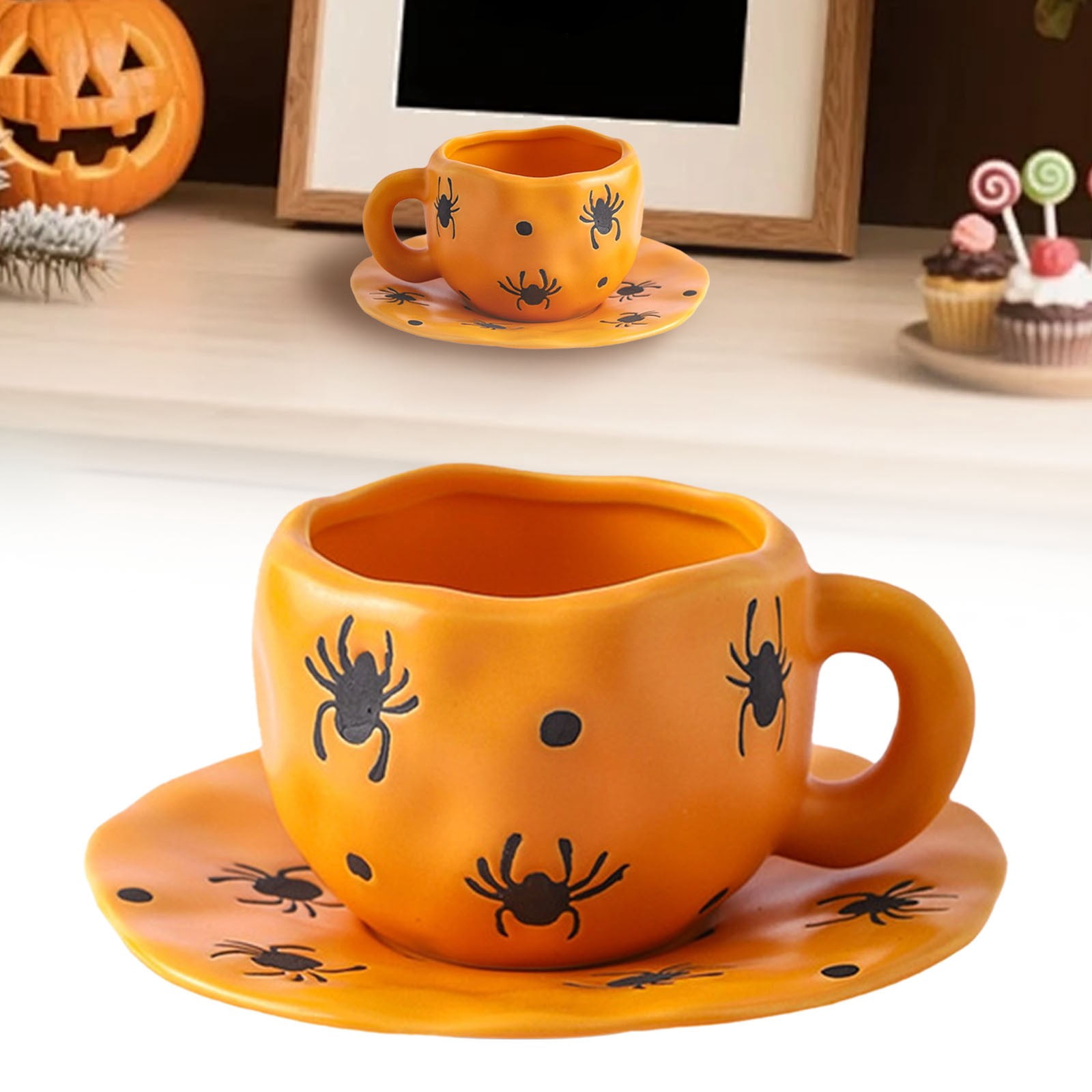 Halloween Mug, Ceramic Tea Cup and Saucer Set with Jack-O'-Lantern
