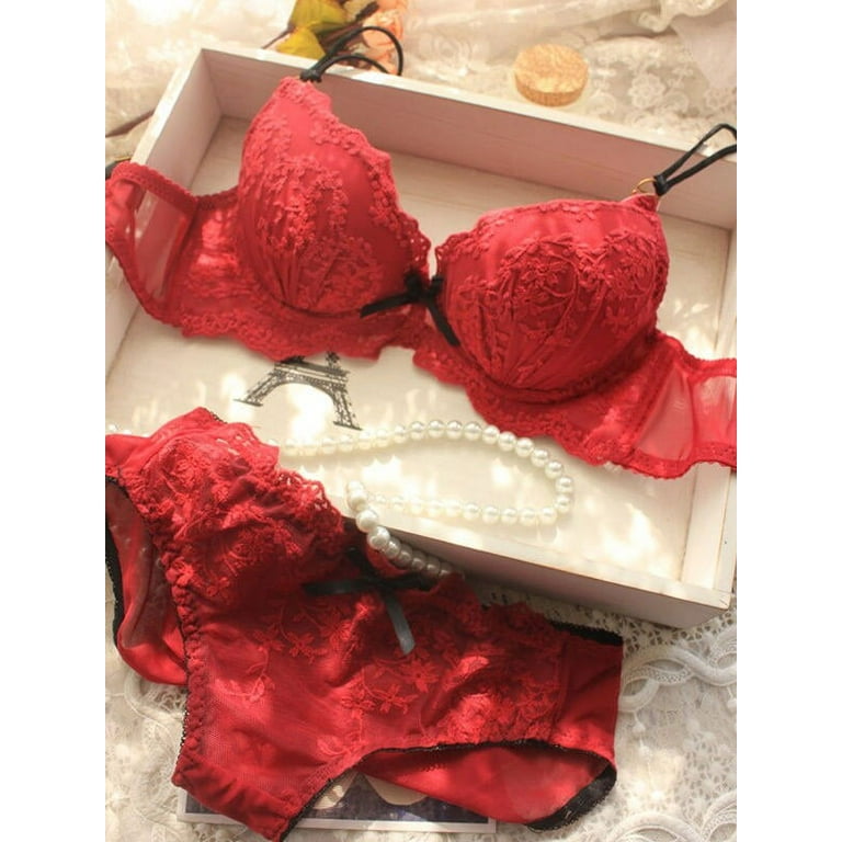HRSR Women Lace Bralette Set Hollow Lingerie 2 Piece Bra Panties Set(Red,34b)  