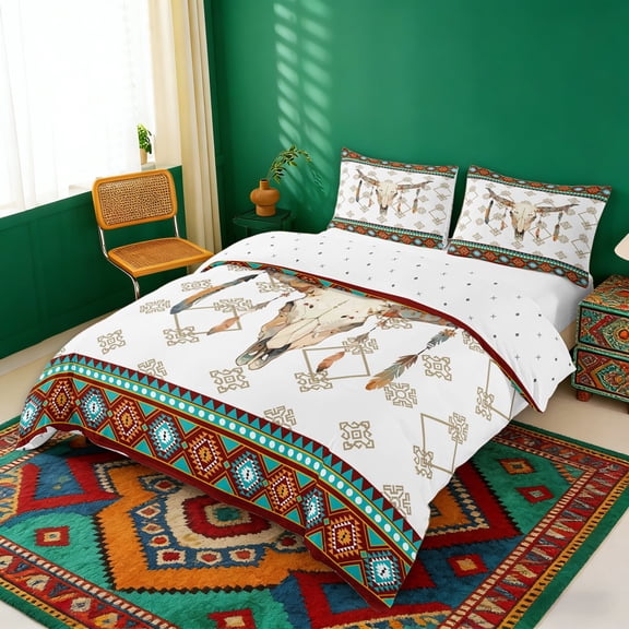 Erosebridal Vintage Cow Skull Duvet Cover Set, Farmhouse Aztec Bedding Full, Reversible 3 Pieces, 1 Duvet Cover and 2 Pillowcases (No Comforter)