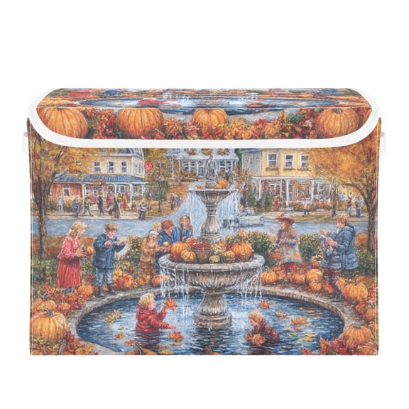 Fall Thanksgiving Town Large Storage Bins with Linen Collapsible Lid Storage Box 16.7 x 12.6 x 11.8in