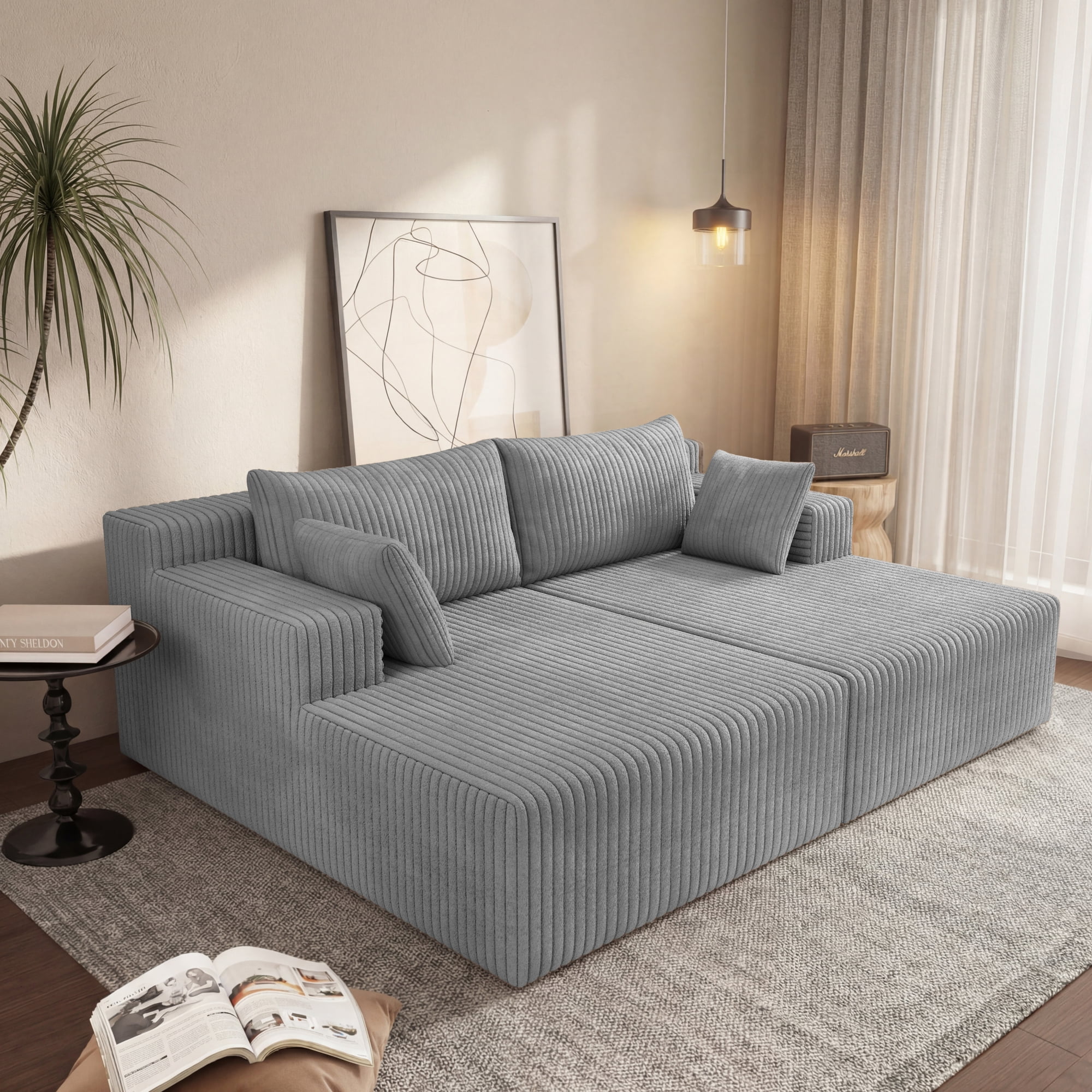 HOQBN 71" Oversized Double Chaise Lounges Indoor,Upholstered Corduroy Boneless Couch with 4 Pillows,Reading Lazy Cloud Plush Sofa Bed for Living Room, Bedroom,No Assembly,Antique Gray