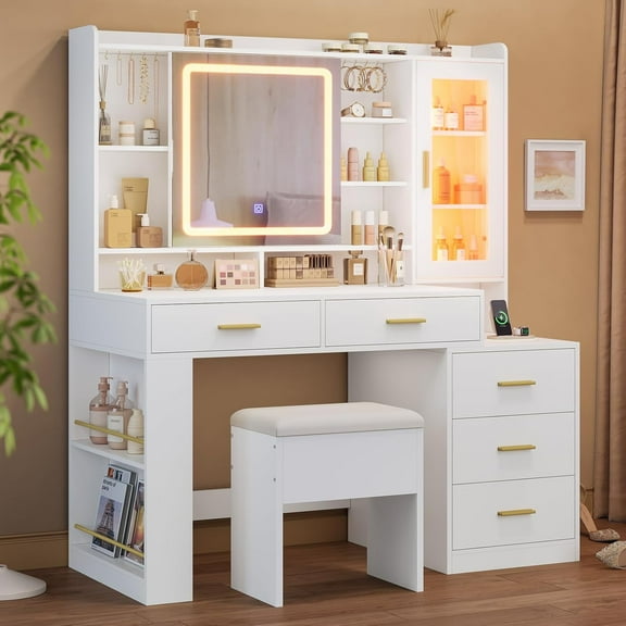 Makeup Vanity Desk with Sliding LED Lighted Mirror and Chair ,Vanity Desk with 5 Drawers, Shelves and Side Storage, RGB Glass Cabinet, White Vanity Table Set with Charging Station for Bedroom