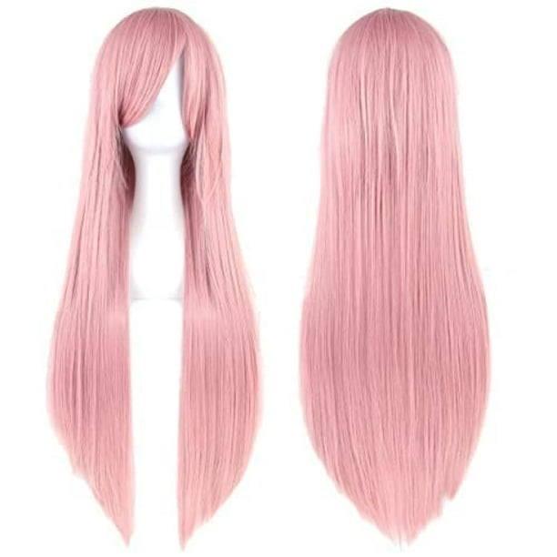 Zhuge Pelucas de cabello natural liso de 80 cm de largo con flequillo para cosplay, peluca colorida para fiesta de disfraces de Halloween para niña (rosa)