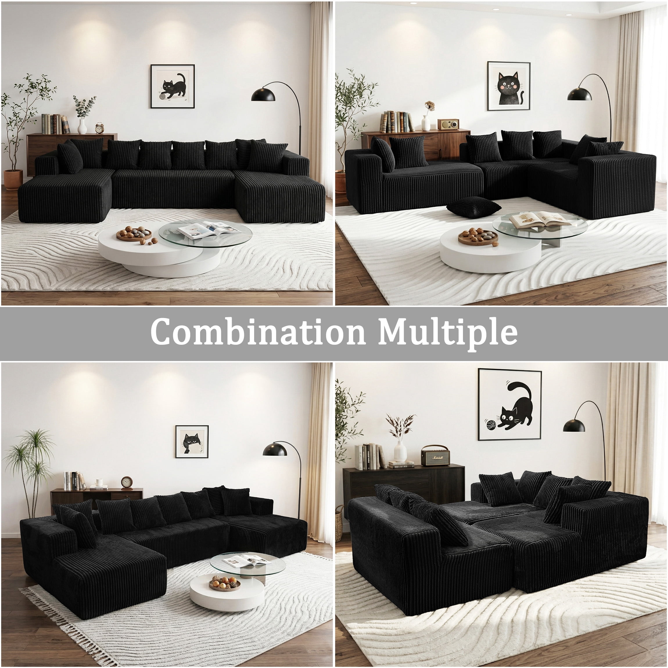 SEENYOO 130" Boneless Sectional Sofa, Cloud Couches for Living Room, U-Shaped 4-Seat Modular Sofa with Chaise, Oversized, No Assembly, Black
