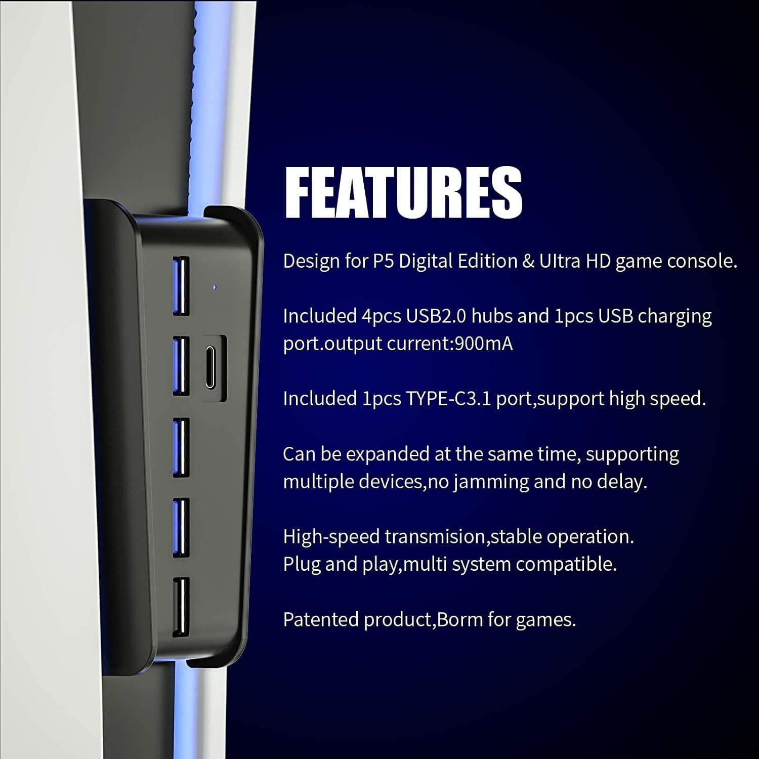 NexiGo PS5 4 Ports USB Hub, [Minimalist Design], High-Speed Data Transfer,  Fast Charging Ports for DualSense Controller, Splitter Expander for