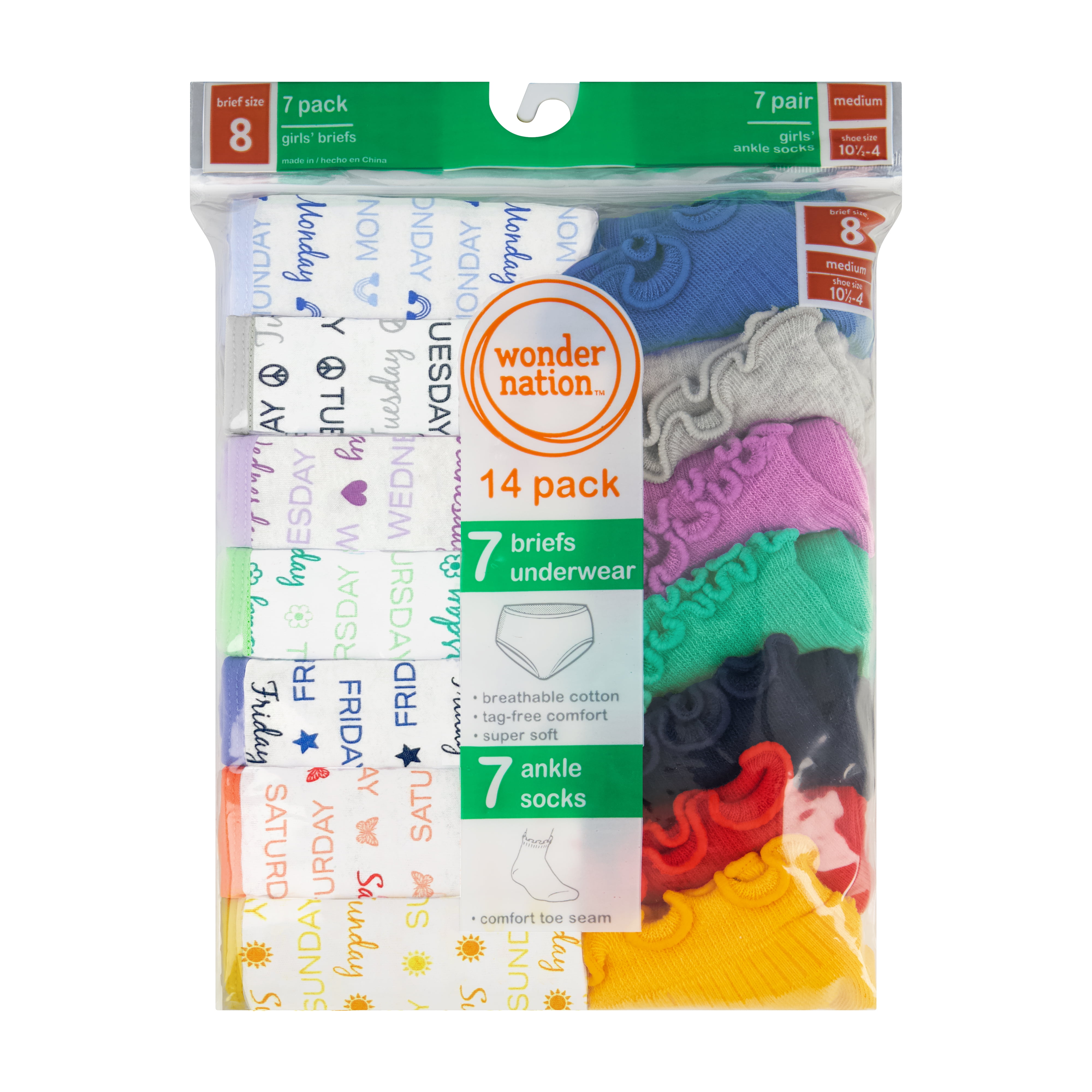 Wonder Nation Girls Cotton Underwear & Socks Bundle, 14-Pack, Sizes 4-16