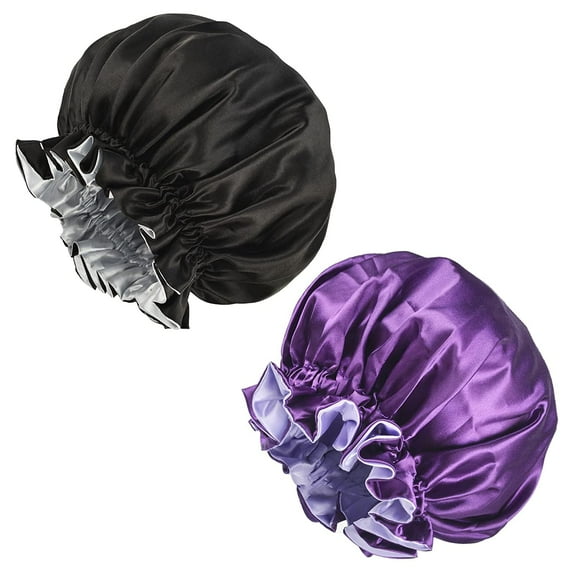 Silk Bonnet for Sleeping 2 PCS Large Satin Bonnets for Black Women Double Layer Silk Soft Bonnet for Curly Braid Hair (Black & Purple)