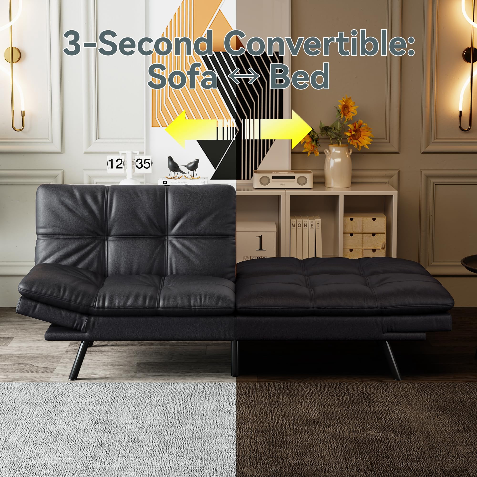 71" Sofa Bed Convertible Couch, Black Faux Leather Sofa Bed with Memory Foam, Adjustable Backrest & Armrests, Multifunctional Small Loveseat Sleeper Sofa for Living Room, Apartment, Office