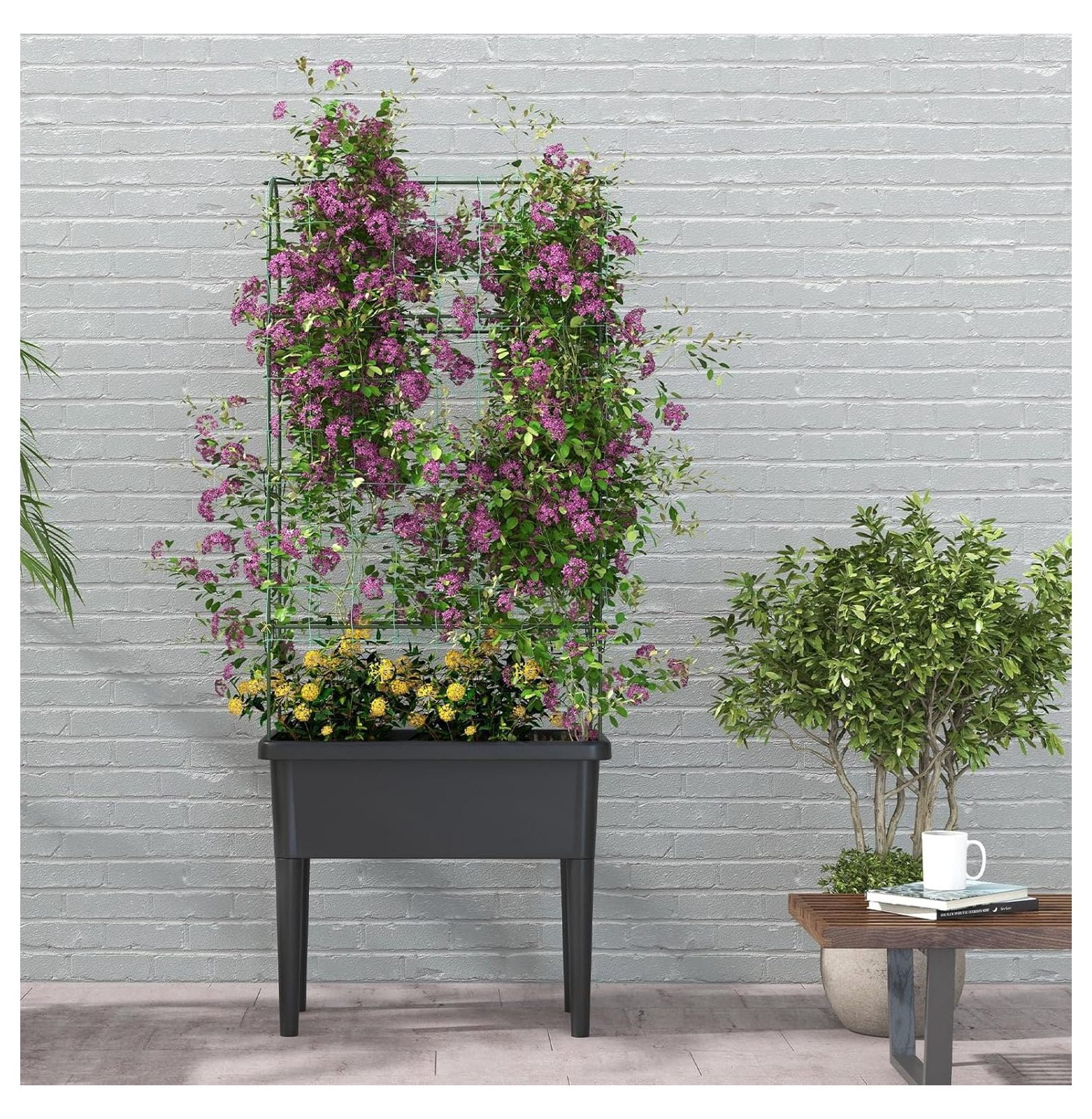 Raised Garden Bed with Trellis, 4 in 1 Self-Watering Planter w/Water Level Observer, Drainage Holes, Climbing Net & Detachable Legs, Garden Cucumber Planter for Vegetables Flowers
