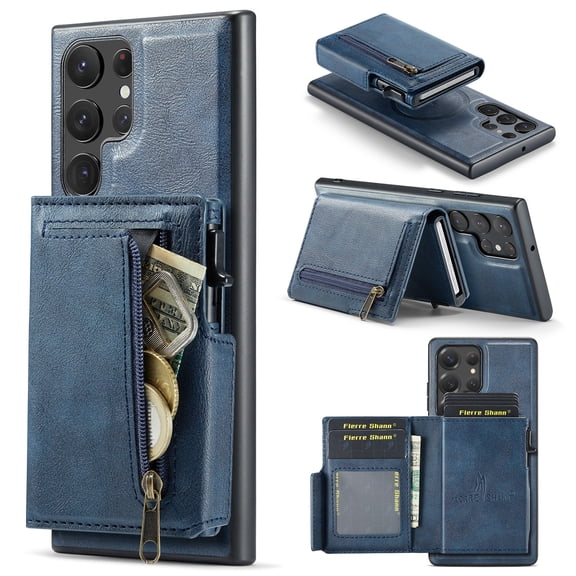 for Samsung Galaxy S25 Ultra Back Wallet Phone Case with RFID Blocking Detachable Card Holder, PU Leather Flip Kickstand Shockproof Zipper Pocket Magnetic Cover for Samsung Galaxy S25 Ultra, Blue