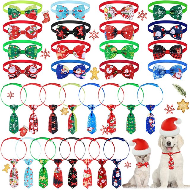 Ensemble de 32 Pcs de Cravates de Noël pour Animaux de Compagnie Comprenant 16 Cravates pour Chien et 16 Nœuds Papillon pour Chien avec Collier Ajustable Accessoires de Toilettage de Noël pour Chiens Chats Décoration de Noël - -