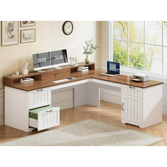 Farmhouse L Shaped Desk with Storage, Rustic Corner Desk with Monitor Stand, 2 File Drawers & 1 Cabinet, Home Office Desk with Spacious Desktop, Large PC Workstation, White & Black Top