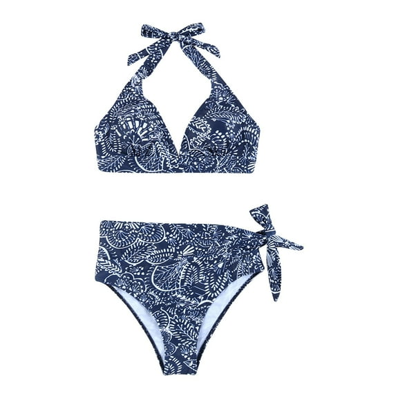 Cathalem Swimsuits Women High Waisted Tummy Control Ribbed Bikini Crop Top Swimsuit Set 2 Piece (Dark Blue,XL)