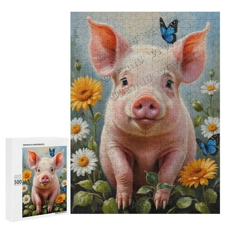 Cute Pig 500 Piece Jigsaw Puzzle for Adults | Woodland Animal Picture | Family Gift | Challenging Brain Teaser | Wooden