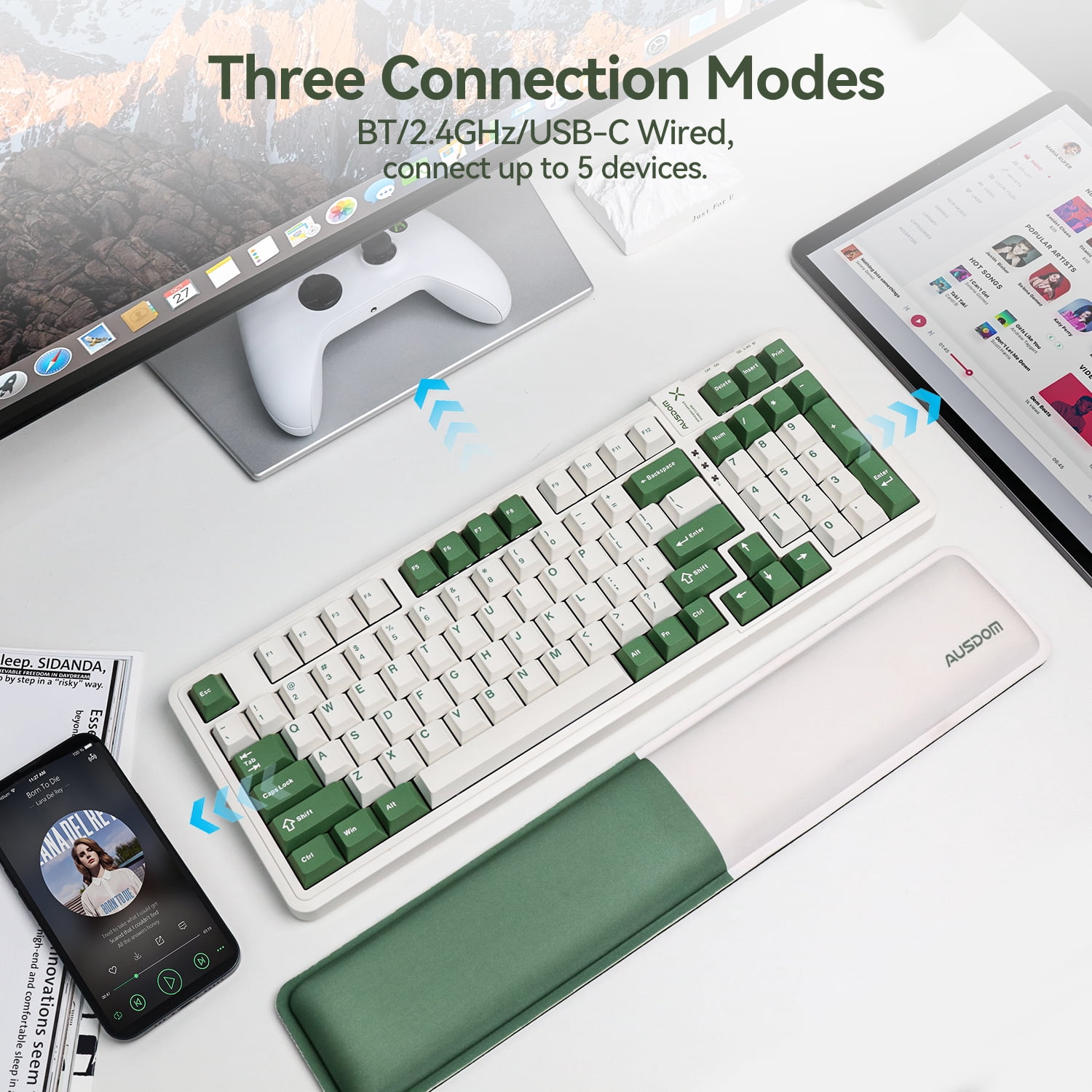 AUSDOM 98Pro Wireless Mechanical Silent Keyboard – 97Keys, Silent Tactile Switches, Hot Swappable, White Backlit, Gasket Structure, Bluetooth/2.4GHz/USB-C, Customizable (Green & White-Silent)