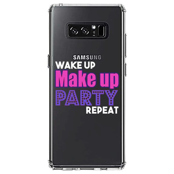 DistinctInk Clear Shockproof Hybrid Case for Samsung Galaxy Note 8 - TPU Bumper Acrylic Back Tempered Glass Screen Protector - Wake Up Make Up Party Repeat