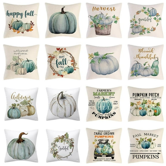 Set of 4 Blue Fall Pillow Covers 18x18, Thanksgiving Throw Pillows Covers, Autumn Blue Pumpkins Decorative Cushion Covers Home Outdoor Sofa Couch Pillow Cases for Fall Decorations