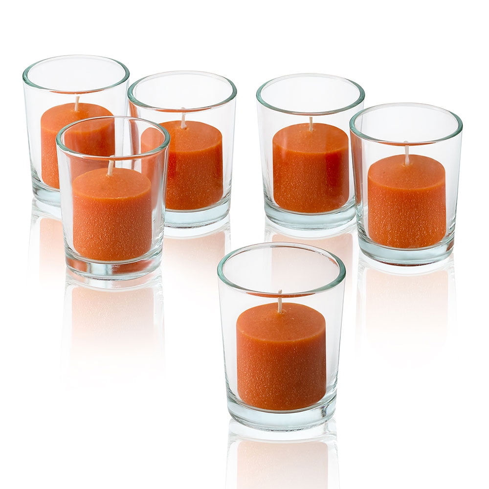 Clear Glass Round Votive Candle Holders with Orange Votive Candles Burn