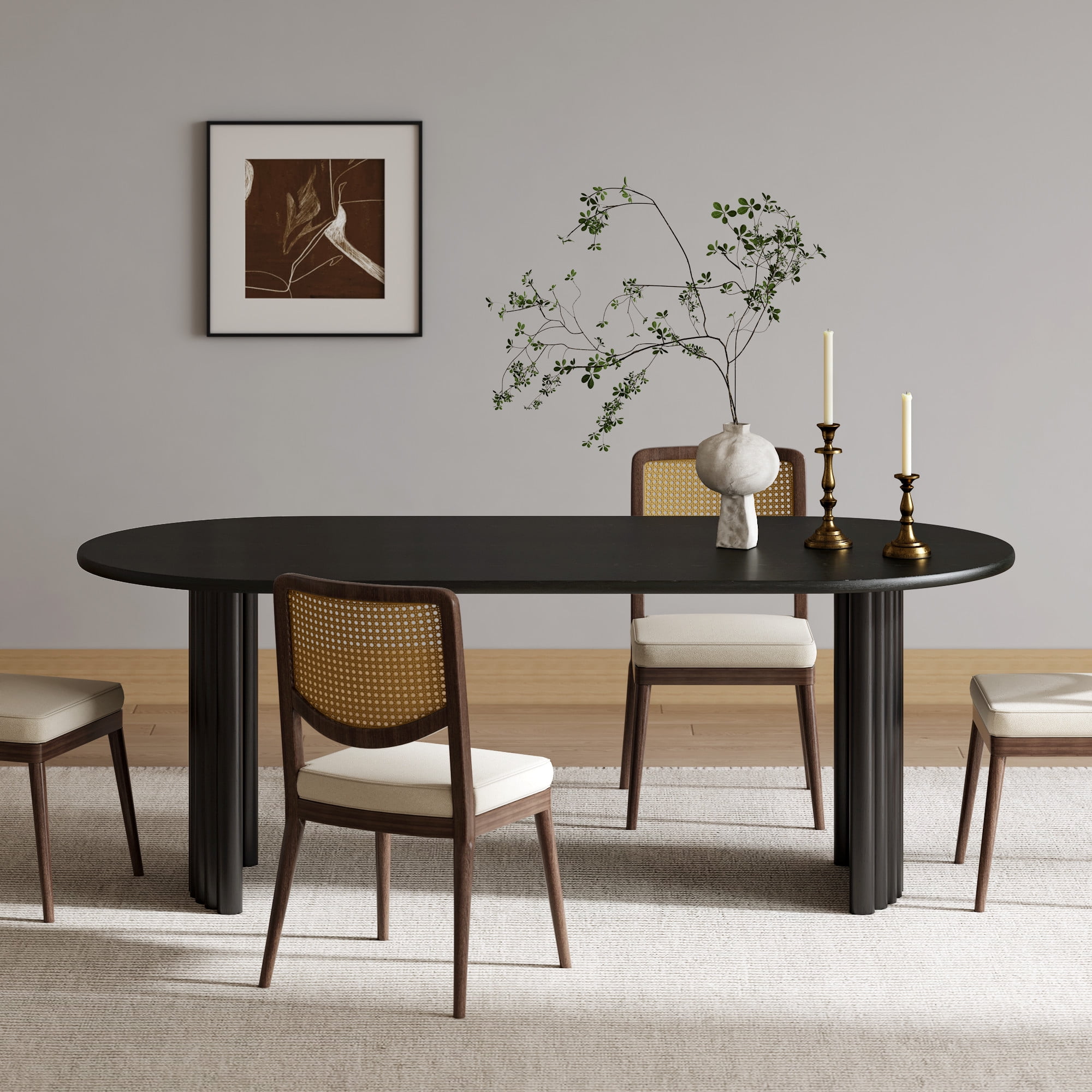 MAYEERTY Modern 67*33.5*30" Oval Black Dining Table with Arc - shaped Fine - Striped Legs, Seats 6