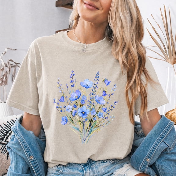 Jollimate Blue Watercolor Floral T-Shirt, Wildflowers Shirt, Ladies Gift Shirt, Gift For Her